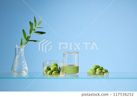 Horizontal frame photo from front view against on blue background. A glass surface displays some glassware like beaker and petri dish, containing olive and oil, decorated with a green olive branch Horizontal frame photo from front view against on blue background. A glass surface displays some glassware like beaker and petri dish, containing olive and oil, decorated with a green olive branch 117536252