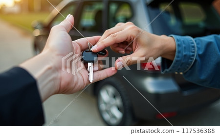 Man woman gets the car key from seller - satisfied - trade closed - new car in the background. Concept of buying a vehicle, auto business. 117536388