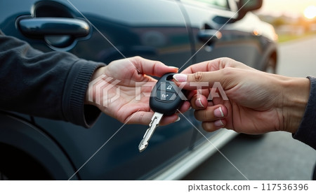 Man woman gets the car key from seller - satisfied - trade closed - new car in the background. Concept of buying a vehicle, auto business. 117536396