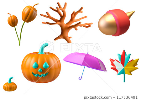 Autumn. Maple leaf, oak,physalis, acorn, pumpkin, umbrella. 3d icon set  117536491
