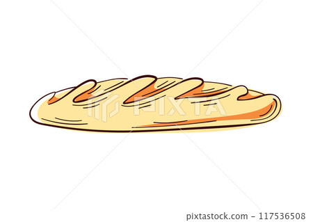 French baguette, featuring a long, narrow shape in line art style. Loaf of bread. Bakery shop menu. Vector illustration isolated on a white background. French baguette, featuring a long, narrow shape in line art style. Loaf of bread. Bakery shop menu. Vector illustration isolated on a white background. 117536508