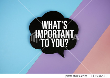 What's important to you? text on speech bubble top view on blue, purple and pink geometric background What's important to you? text on speech bubble top view on blue, purple and pink geometric background 117536510
