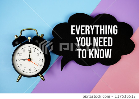 Everything You Need To Know text on speech bubble with alarm clock top view on blue, purple and pink geometric background 117536512