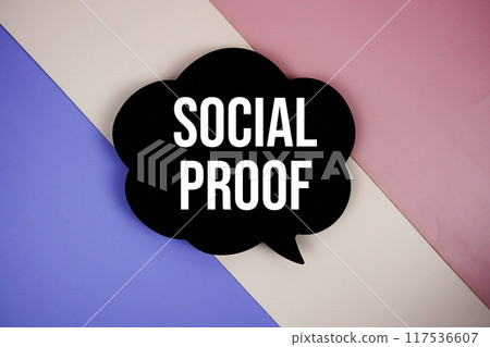 Social Proof text on speech bubble top view on purple geometric background 117536607