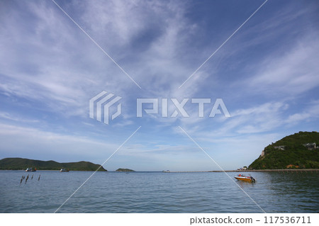 The sea has floating ships and mountains surrounding it on a clear day. 117536711