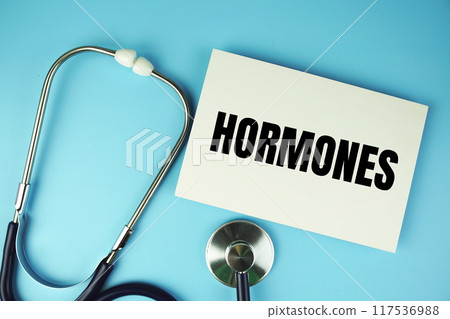 Hormones text on paper card with stethoscope top view on blue background 117536988