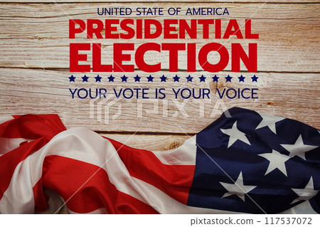 Vote 2024, Presidential Election with USA American flag on wooden background Vote 2024, Presidential Election with USA American flag on wooden background 117537072