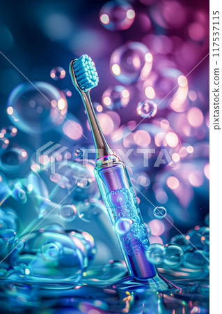 A toothbrush is floating in a pool of bubbles 117537115
