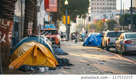 Homeless tents on the streets in downtown 117537257