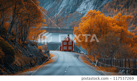 Traditional wooden house or farm near forest and lake. Sunny day. Early autumn, Finland. Idyllic rural scene 117537269