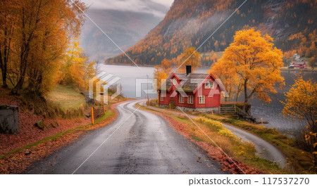 Traditional wooden house or farm near forest and lake. Sunny day. Early autumn, Finland. Idyllic rural scene 117537270