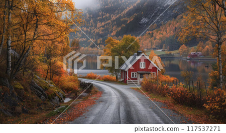 Traditional wooden house or farm near forest and lake. Sunny day. Early autumn, Finland. Idyllic rural scene 117537271