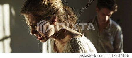 attractive angry couple fighting and shouting at each other 117537316