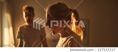 attractive angry couple fighting and shouting at each other 117537317