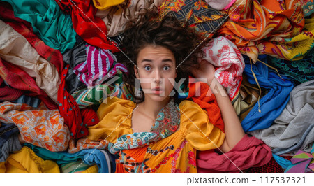 Shocked woman laying on huge pile of colorful dirty clothing. Housework concept 117537321