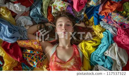 Shocked woman laying on huge pile of colorful dirty clothing. Housework concept Shocked woman laying on huge pile of colorful dirty clothing. Housework concept 117537322
