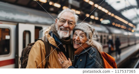 Portrait of happy pensioners on the station platform, next to the train. An elderly couple travels by train by rail 117537365