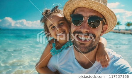 Happy father and his adorable little daughter at beach Happy father and his adorable little daughter at beach 117537366