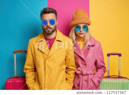 Happy couple with suitcase and travel rucksack go on summer holiday trip. Portrait two joyful people Happy couple with suitcase and travel rucksack go on summer holiday trip. Portrait two joyful people 117537367