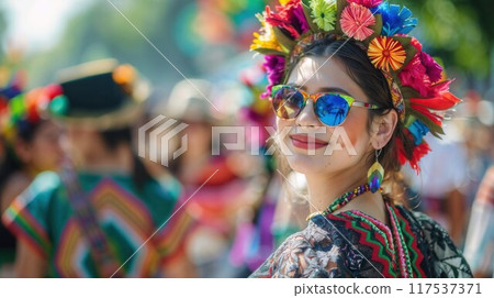 Young woman in hippie style looking at the camera at festival Young woman in hippie style looking at the camera at festival 117537371