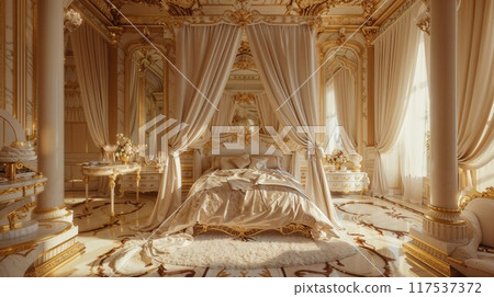 Wealthy rich room. Glamorous, elegant golden baroque dream bedroom design interior Wealthy rich room. Glamorous, elegant golden baroque dream bedroom design interior 117537372