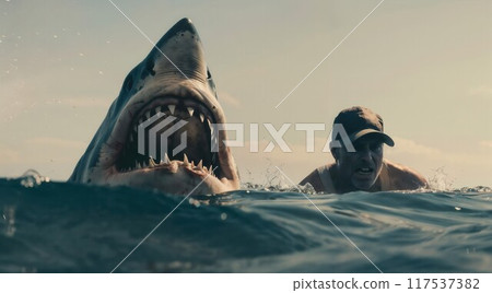 Man chased by shark, predator attack escape in sea water, swimmer running away from danger 117537382