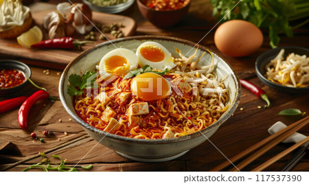 Schezwan Noodles or vegetable Hakka Noodles or chow mein is a popular Indo-Chinese recipes, served in a bowl or plate with wooden chopsticks. selective focus Schezwan Noodles or vegetable Hakka Noodles or chow mein is a popular Indo-Chinese recipes, served in a bowl or plate with wooden chopsticks. selective focus 117537390