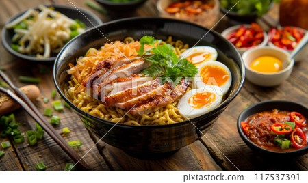 Schezwan Noodles or vegetable Hakka Noodles or chow mein is a popular Indo-Chinese recipes, served in a bowl or plate with wooden chopsticks. selective focus Schezwan Noodles or vegetable Hakka Noodles or chow mein is a popular Indo-Chinese recipes, served in a bowl or plate with wooden chopsticks. selective focus 117537391