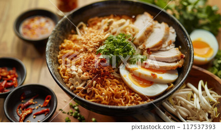 Schezwan Noodles or vegetable Hakka Noodles or chow mein is a popular Indo-Chinese recipes, served in a bowl or plate with wooden chopsticks. selective focus 117537393