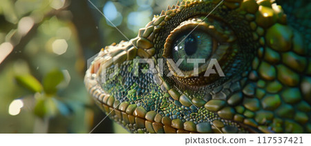 Head shot closeup of Green Crested Lizard Head shot closeup of Green Crested Lizard 117537421