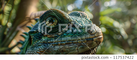 Head shot closeup of Green Crested Lizard 117537422