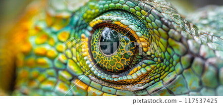 Head shot closeup of Green Crested Lizard 117537425