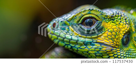 Head shot closeup of Green Crested Lizard 117537430