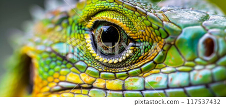 Head shot closeup of Green Crested Lizard 117537432