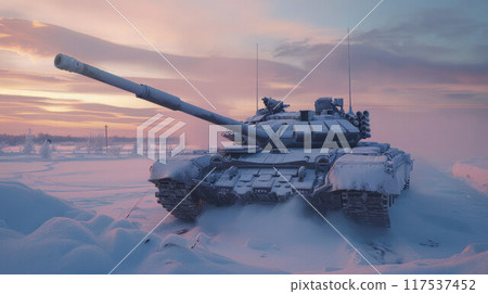 A tank on a winter battlefield stands in the snow during the day 117537452