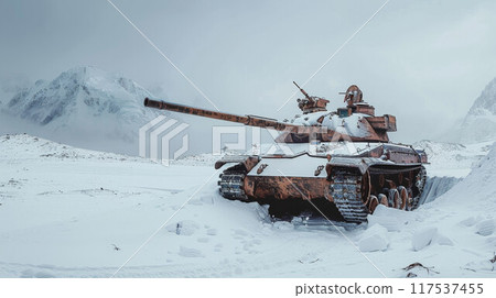 A tank on a winter battlefield stands in the snow during the day A tank on a winter battlefield stands in the snow during the day 117537455
