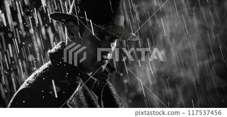 dramatic silhouette of a dangerous man in a hat at night in the rain in the city in the old crime 117537456