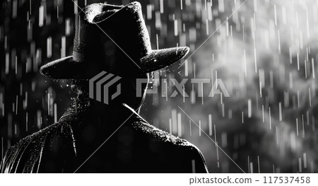 dramatic silhouette of a dangerous man in a hat at night in the rain in the city in the old crime 117537458