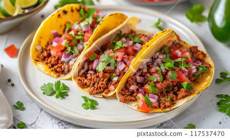 authentic mexican barbacoa, carnitas and chicken tacos 117537470