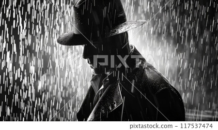 dramatic silhouette of a dangerous man in a hat at night in the rain in the city in the old crime dramatic silhouette of a dangerous man in a hat at night in the rain in the city in the old crime 117537474