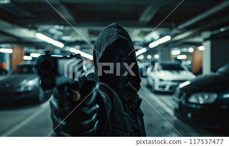 Robber with black balaclava aiming with pistol the victim. Hooded armed man thief killer in leather jacket holds gun in gloved hand. 117537477