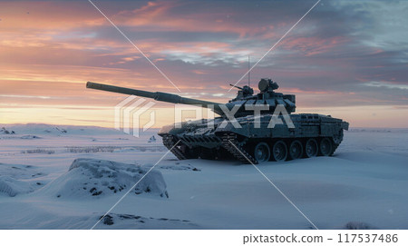 A tank on a winter battlefield stands in the snow during the day A tank on a winter battlefield stands in the snow during the day 117537486