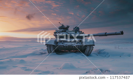 A tank on a winter battlefield stands in the snow during the day A tank on a winter battlefield stands in the snow during the day 117537487