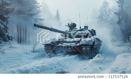 A tank on a winter battlefield stands in the snow during the day A tank on a winter battlefield stands in the snow during the day 117537526