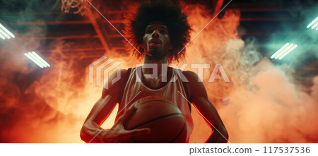 African american man with afro hair basketball player holding ball 117537536