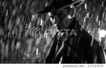 dramatic silhouette of a dangerous man in a hat at night in the rain in the city in the old crime 117537537
