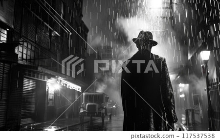 dramatic silhouette of a dangerous man in a hat at night in the rain in the city in the old crime 117537538