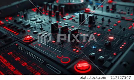 Mixing console, DJ job in the disco. Hands DJ mixing music at the club during the event Mixing console, DJ job in the disco. Hands DJ mixing music at the club during the event 117537547