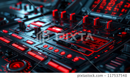 Mixing console, DJ job in the disco. Hands DJ mixing music at the club during the event Mixing console, DJ job in the disco. Hands DJ mixing music at the club during the event 117537548