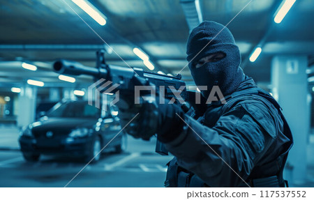 Robber with black balaclava aiming with pistol the victim. Hooded armed man thief killer in leather jacket holds gun in gloved hand. 117537552